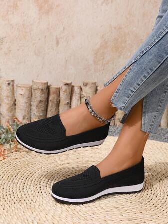 新款舒适轻便针织网面套脚运动鞋，时尚平底乐福鞋