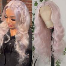 13X4 Free Part Ombre Pink Body Wave Synthetic Lace Front Wigs For Women 28 Inch Long Wavy Hair Wigs Glueless Soft Pink Ombre Colored Wigs Heat Resistant Christmas Wig Natural Long Wave Lace Front Wigs For Daily Party Cosplay Use - Ice Pink - 查看 2
