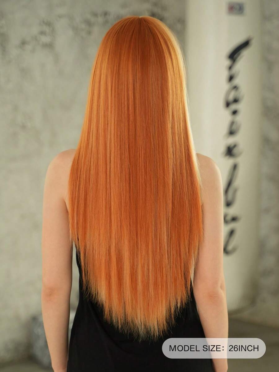 7JHH WIGS 26 Inch Long Straight Orange Wig, Women's Style, Fluffy & Shiny, With Bangs, Highlighted With Gold, Full Lace Synthetic Fiber Wig, Suitable For Daily Wear, Music Festivals, Parties, Anime Or Cosplay Photography, And More - 橘色 - 查看 1