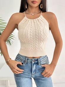 Women's Hollow Back Knitted Camisole - Champagne - View 5