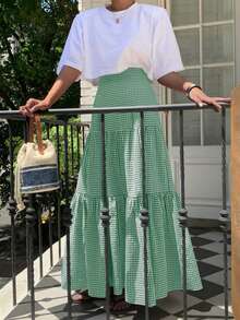 EARO 复古法式女装休闲简约日常百搭黑白格纹设计A字裙 高腰修身松紧腰 优雅甜美优雅 春秋 - 深綠色 - 查看 3