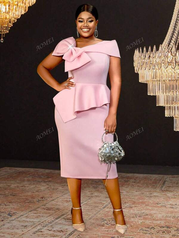 Plus Size Pink Bodycon Dress Asymmetrical Neck Big Bow Peplum Belly Hide Sleeveless Date Out, Party Dress, Wedding Guest Cocktail Dress
