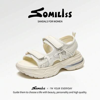 somiliss 2026 Summer New Women Sports Style Casual Sandals, Thick Sole 6cm High Heel, Fashion Flat Beach Sandals, Lightweight & Comfortable Outdoor Walking Shoes, White