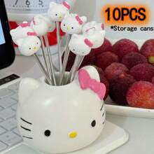 Sanrio 11 pezzi Forchette da frutta in acciaio inossidabile con design creativo di Hello Kitty di Sanrio, set regalo di alto valore, forchette da frutta Hello Kitty in acciaio inossidabile con barattolo contenitore, forniture scolastiche