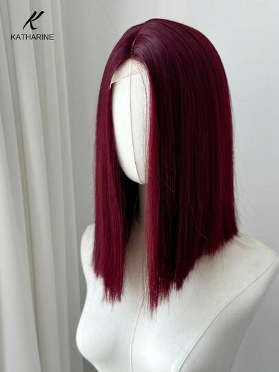 Peluca de estilo Bob de U-PART con encaje KATHARINE para mujeres, color rojo vino, peluca sintética resistente al calor con raya al medio para cosplay