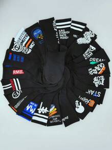 5pairs/set Random Men's Black Letter, Stripe, Dinosaur & Robot Patterned Mid-calf Socks For Skateboarding, Autumn & Winter