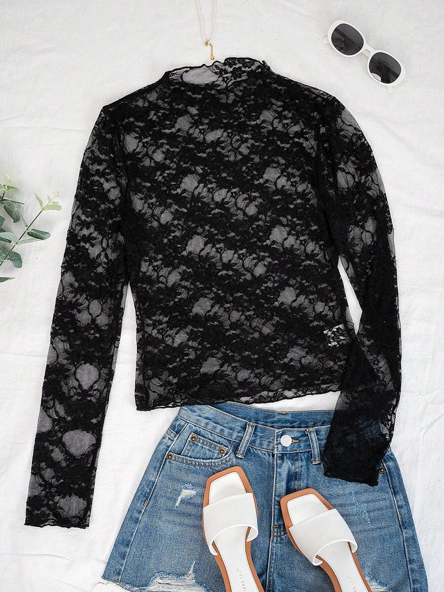 女款春夏装黑色花卉蕾丝上衣透明设计 T 恤修身性感辣妹圆领长袖适合日常穿着、街头、通勤、居家、办公室、约会派对聚会、外穿女上衣