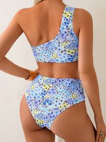 Floral Print Tankini Swimsuit For Women, Sexy Ruffle Hemline Two Pieces Bikini, Spring/Summer - Blue - View 2