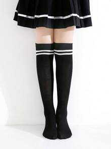 2 Pairs Girls Simple College Style Fashionable Over-The-Knee Long Socks - Black - View 4
