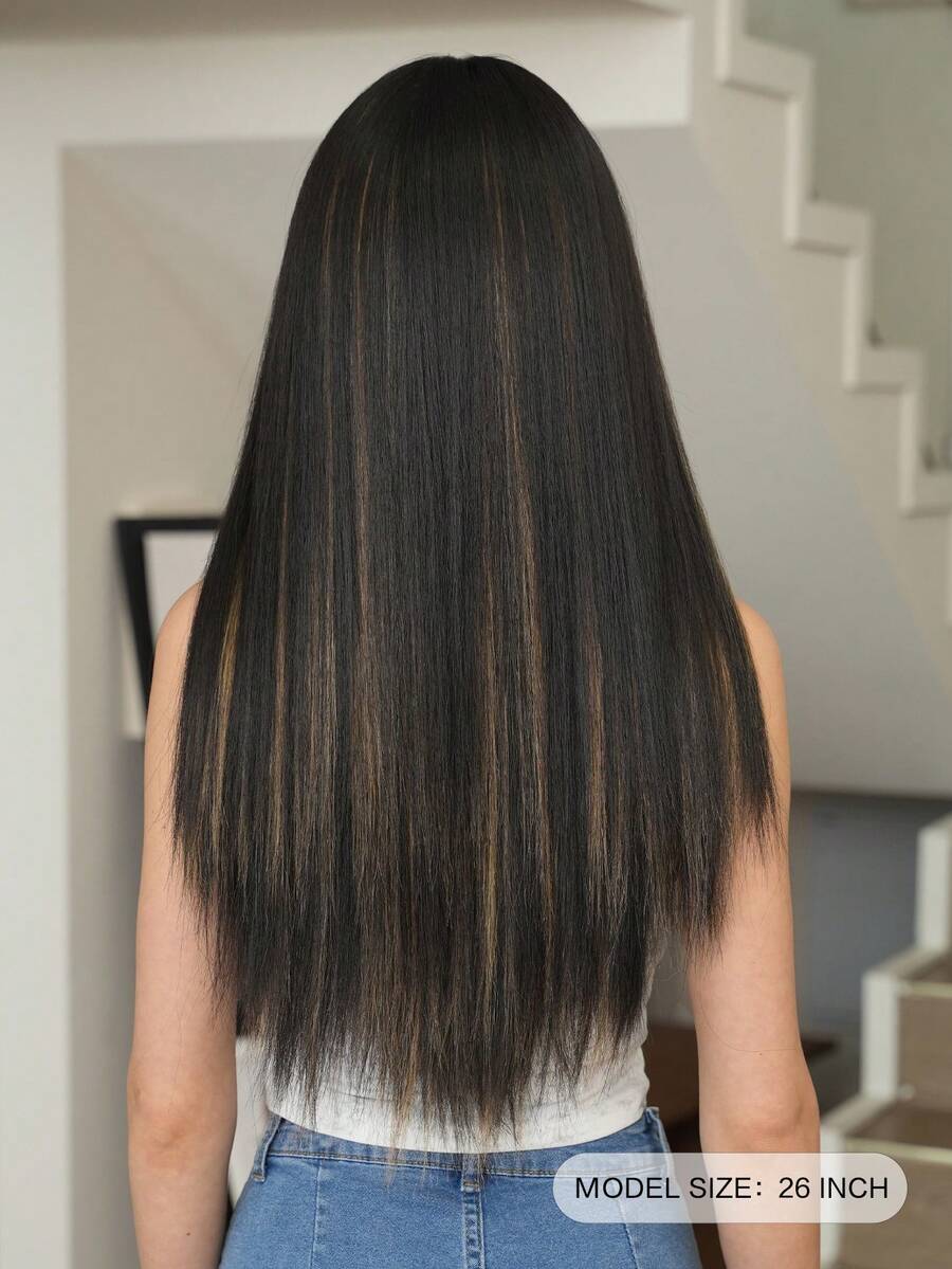 7JHH WIGS 26 Inch Long Straight Black Wig, Women's Style, Fluffy And Wavy With Bangs, Highlighted With Golden Streaks, Full Lace Synthetic Fiber Wig, Suitable For Daily Wear, Music Festivals, Parties, Anime Or Cosplay Photography - 挑染金色 - 查看 1