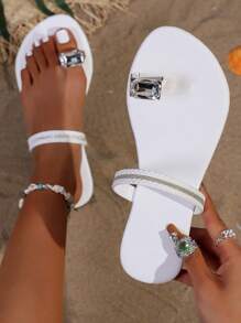 Sandalias con anillo para el dedo del pie, estilo bohemio con decoración de , cómodas sandalias tejidas casuales para playa y fiesta, primavera/verano