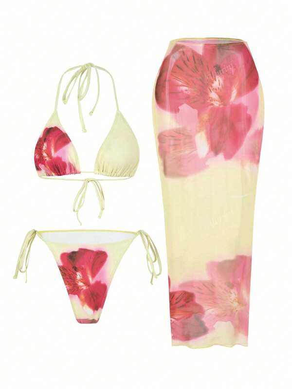 Allurini 3pcs/Set Summer Floral Print Spaghetti Strap Sexy Women Bikini Set With Mini Skirt