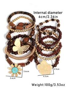 12pcs Dark Brown Wood Beads & Gold Tone Butterfly Floral Accent Charm Vintage Personalized Layering Bracelet, Suitable For Women Beach Holiday Wear