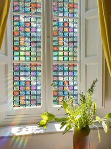 1 Roll Colorful Holographic Plaid Privacy Window Film, Retro Rainbow Static Cling Vinyl Glass Film, Non-Adhesive Removable UV-Blocking Sticker, Suitable For Glass Decoration, Size: 17.7x118inch - Color - View 18
