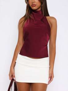 Women's Y2K Halter Neck Satin Tank Tops Sleeveless Crop Tops Sexy Backless Solid Color Slim Fit Tops Summer Shirts For Streetwear Casual Going Out Outfit - 酒紅色 - 查看 3