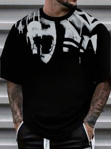 Black Graphic Print Round Neck T-Shirt, Men's Simple, Sports, Casual, Loose, Short Sleeve Top For Summer