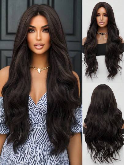 Snygg och elegant svartbrun lång, lös, vågig peruk, 34 tum, mittbelägen lugg, mjuk och fluffig syntetisk peruk, lämplig för kvinnors vardagskläder, perfekt för högtidssammankomster, bröllopsfester, Halloween, jul, cosplay, Y2K-vinter, casual streetwear och mer.