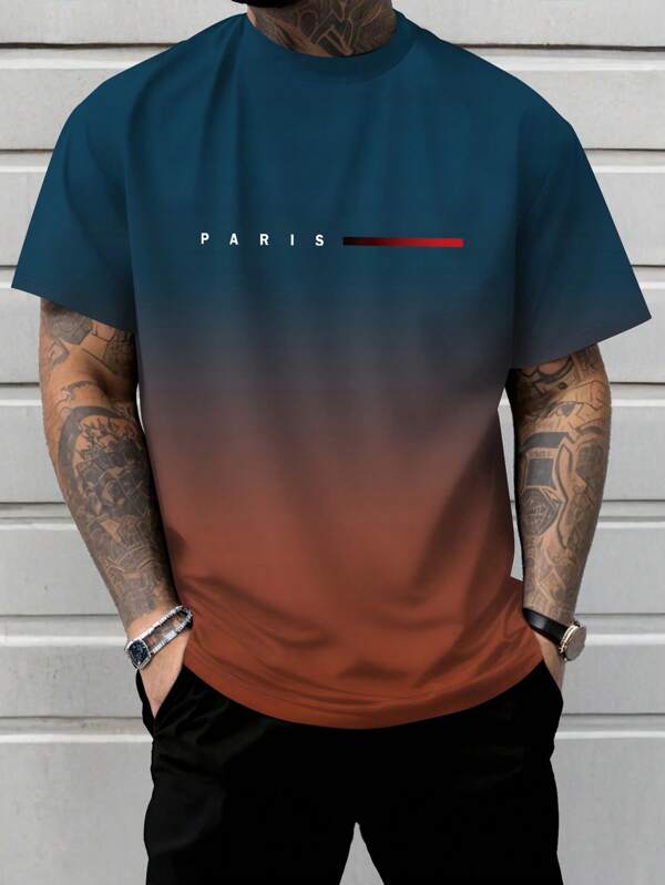 Plus Size Men's Ombre Paris Slogan Printed Short Sleeve T-Shirt