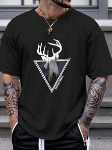 Camiseta con Motivos de Cornamenta, Caza de Ciervos, Ciervo de Cola Blanca, Cornas de Ciervo y Animales Silvestres. Camiseta de Manga Corta para Hombres de 100% Algodón Puro, con un Cuello Redondo Suave y un Tejido tejido con Ligera Estirabilidad, Transpirable y Muy Cómoda de Vestir. - Negro - Ver 3