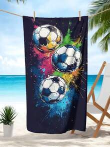 活力足球图案沙滩巾 - 柔软吸水的超细纤维，带有飞溅设计 - 轻便快干 - 非常适合游泳、露营、瑜伽、健身房 - 送给运动迷和旅行者的完美礼物，沙滩配件 | 卡通足球图案 | 超细纤维毛巾夏季旅行、度假浴室装饰海滩必需品