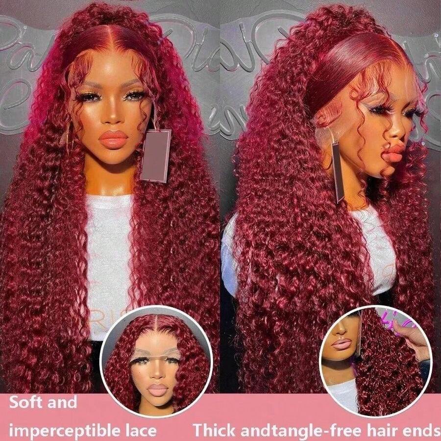 Burgundy Brazilian Deep Wave Lace Front Wig HD Transparent 13x4 Lace Frontal Human Hair Wigs For Women Pre Plucked Human Hair Deep Curly Wigs Wine Red 99J Color - S99J - 查看 1