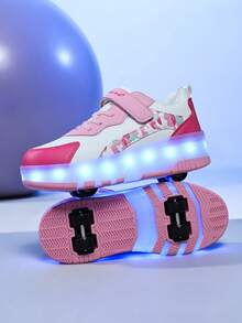 New Kids LED Roller Skate Shoes, 4 Wheels Rechargeable Retractable Wheels Glowing Leather Design Cute Contrast Color Hook And Loop Sports Shoes Suitable For All Seasons, Boys Girls LED Roller Skating Shoes, Flashing When Walking - Pink - View 2