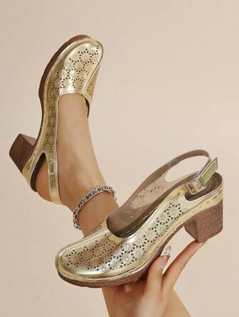 Fall/Winter New Summer Hollow Breathable Round Toe High Heel Ladies Fashion Casual French Thick Heel Sandals, Elegant