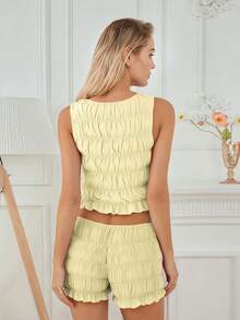 Women's 2 Piece Lounge Outfits Sleeveless Solid Color Ruched Tank Tops Shorts Sets - Yellow - View 6