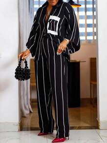 2 Peças Camisa de Botão de Manga Longa Listrada Casual Urbana e Calça de Perna Larga de Cintura Alta para Mulheres, Tecido Elástico Bidirecional de 120g, Conjunto de Escritório, Conjunto Urbano Confiante