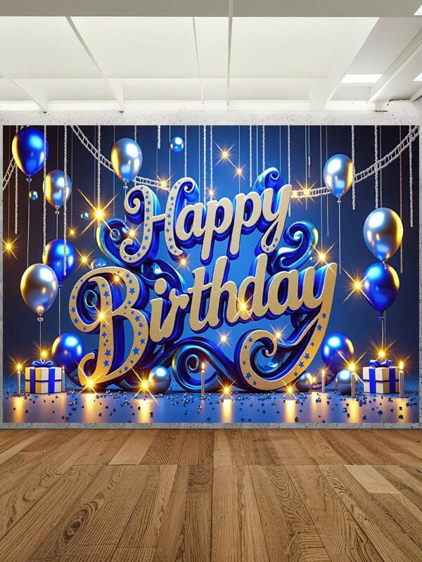 1pc 3D Happy Birthday Photography Backdrops Blue And Gold Balloons Gift Boxes Glitter Stars Candlelights Party Banner 59.1*39.4/82.7*59.1/106.3*70.9 Newborn Shower Photo Background Indoor Outdoor Decoration Supplies