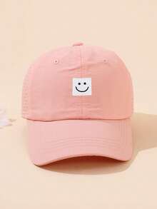 1pc Kids Smiling Face Baseball Cap For Girls Boys,Adjustable Washed Baseball Hat With Ponytail - Face - View 4