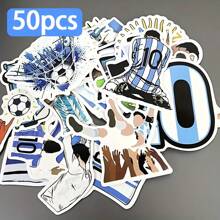 50 piezas Pegatinas con diseño de fútbol azul en estilo de dibujos animados, pegatinas de PVC reutilizables para botellas de agua, equipaje, portátiles | Diseños dinámicos de jugadores de fútbol, accesorios de fútbol