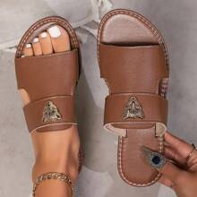 Wide Fit Women 2025 Summer New Fashionable Versatile PU Leather Cheetah Print Decor Flat Sandals, Soft Bottom Comfortable Non-Slip, Suitable For Summer Vacation And Daily Wear