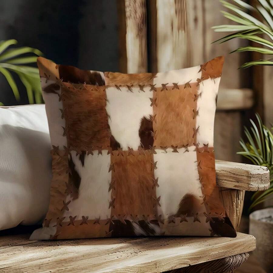 Vintage Cowhide Print Throw Pillow Covers Set Of 1, Short Plush Fabric, Rustic Patchwork Cow Hide Design, Hand Washable, Decorative Pillowcases 45*45cm With Zipper For Bedroom And Living Room,Without Pillow Core