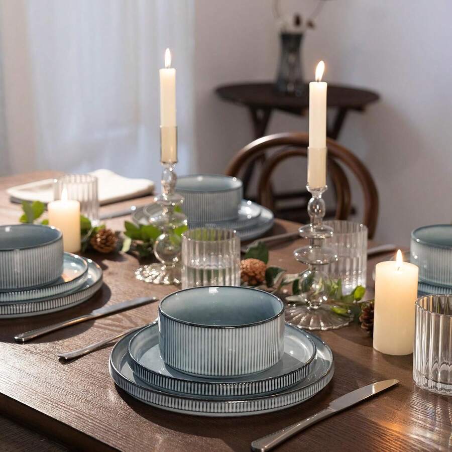 Richmount 12 Piece Stoneware Dinnerware Sets, Plates And Bowls Set For 4 - 煙藍色 - 查看 1