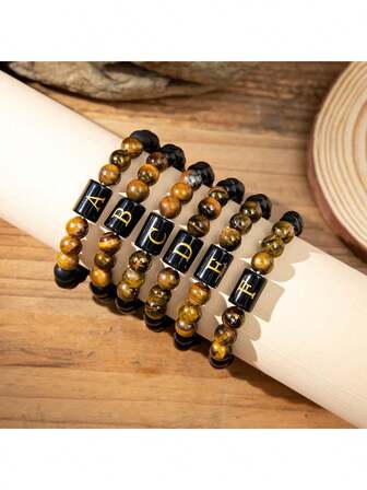 1pc English Letter Pattern Tiger Eye Stone Beaded Elastic Bracelet For Men, Old Money Initial Bracelet For Daily Use, Gift For Men
