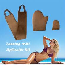 1 套免晒美黑手套套装 - 可重复使用全身和背部涂抹手套、带拇指环的美黑手套和去角质浴巾 - 免晒美黑护理手套