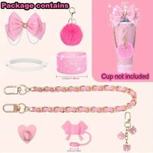 Accesorios con brillo para taza de 30oz, 40oz, 20oz con asa, incluye: tapa decorativa con lazo y pajita, pajita con lazo decorativo, correa de manija de botella de agua, funda de silicona para taza, cadena con dije, regalo ideal para el Día de San Valentín, Día de la Madre, útiles escolares