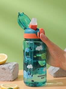 1pc 600ml Outdoor Sports Water Bottle With Straw, Cute Full Body Dinosaur Cartoon Plastic Water Cup