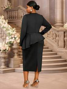 Plus Size Elegant Black Bodycon Dresses Long Sleeves Peplum Asymmetric Collar Beading Belly Cover,Party Dress,Cocktail - Black - View 2