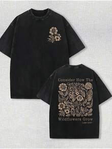 230g Washed, Secret Printed T-Shirt With Fresh Flowers, High-Quality Wax Printed Cotton Retro Fashion Brand T-Shirt, Men's T-Shirt, Beach Essential, Men's Summer T-Shirt, Holiday Gift, Perfect Gift - 黑色 - 查看 1