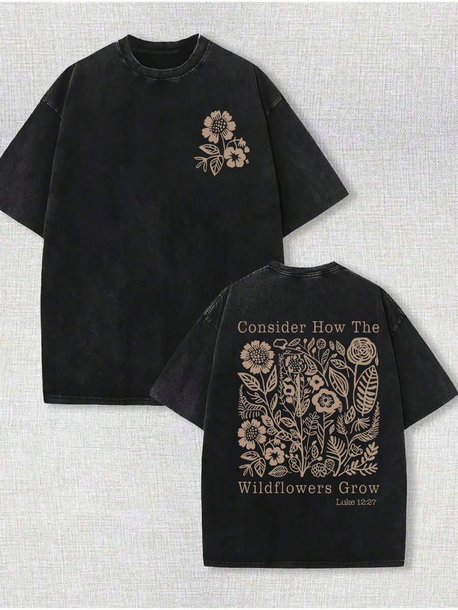 230g Washed, Secret Printed T-Shirt With Fresh Flowers, High-Quality Wax Printed Cotton Retro Fashion Brand T-Shirt, Men's T-Shirt, Beach Essential, Men's Summer T-Shirt, Holiday Gift, Perfect Gift - 黑色 - 查看 1