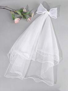 1pc White Tulle Hair Bow For Girls Large Tail Veil French Clips Elegant Wedding Party Hair Clip Flower Girls Clips Solid Color Barrettes Kids Hair Accessory - White - View 6