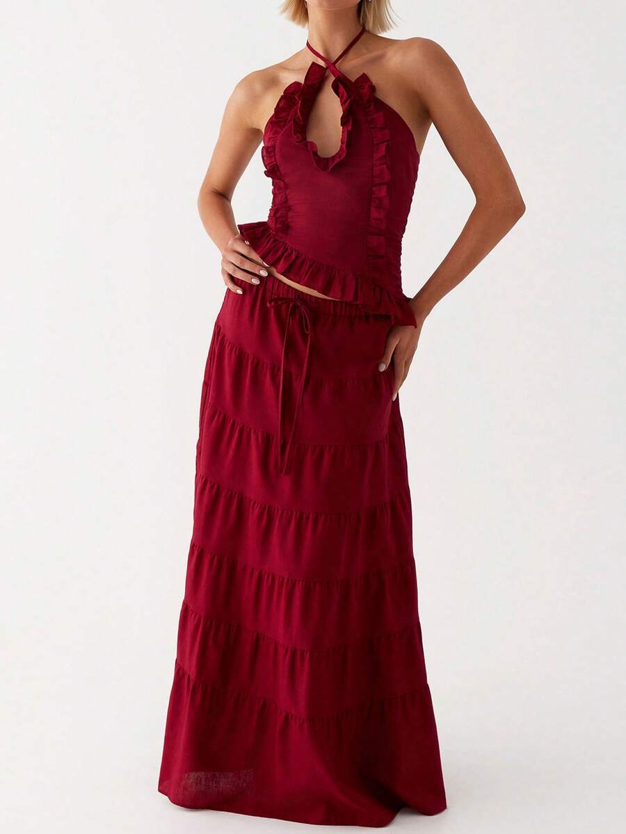 Women's 2 Piece Skirt Outfits Halter Neck Ruffle Trim Tops Long Flowy Skirt Set - Red - View 1