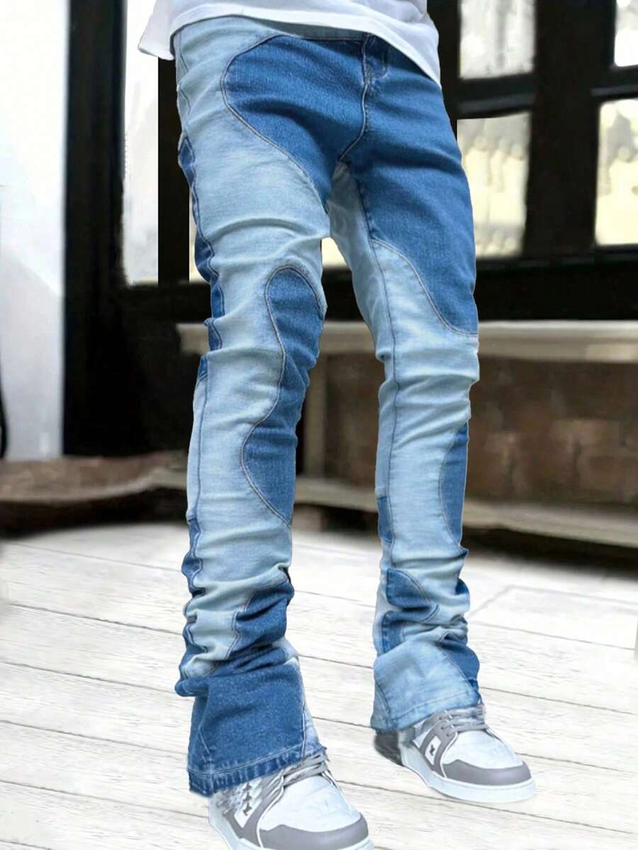 Men's Fashion Casual Street Colorblock Denim Jeans - Multicolor - View 1