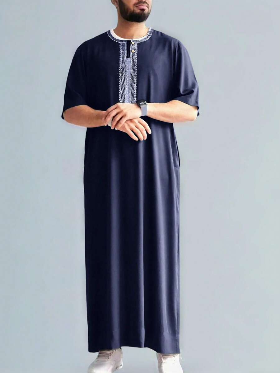 Men's Embroidered Robe Thobe Men's Solid Color Pullover Gandoura Thawb ...