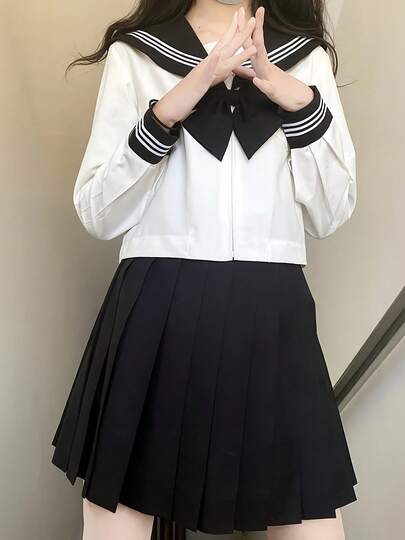かわいいセーラー服、学校の制服、学院風スカートスーツ、長袖リボン前ポケット付きセーラーネックシャツとハイウエストプリーツスカートスーツ、女装