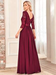 EVERPRETTY Gaun Malam Merah Anggur Elegan dengan Leher Bulat, Lengan Sedang, Renda, dan Pinggang Tinggi - Anggur merah - View 4