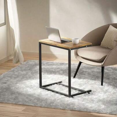1 pieza Mesa lateral de madera con forma de C multifuncional y marco de metal ajustable - Disponible en colores gris y marrón - Diseño ahorra espacio para uso en sala de estar y al aire libre, fácil de limpiar e instalar