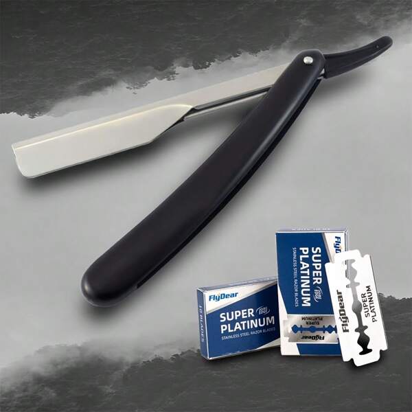 Rasiermesser für Herren, Rasiermesser mit schwarzem Kunststoffgriff und Klingen, Rasiermesser mit geradem Rand für Barber Bart, manueller Rasierhobel Haarentfernungswerkzeuge, Klappmesser zum Rasieren
